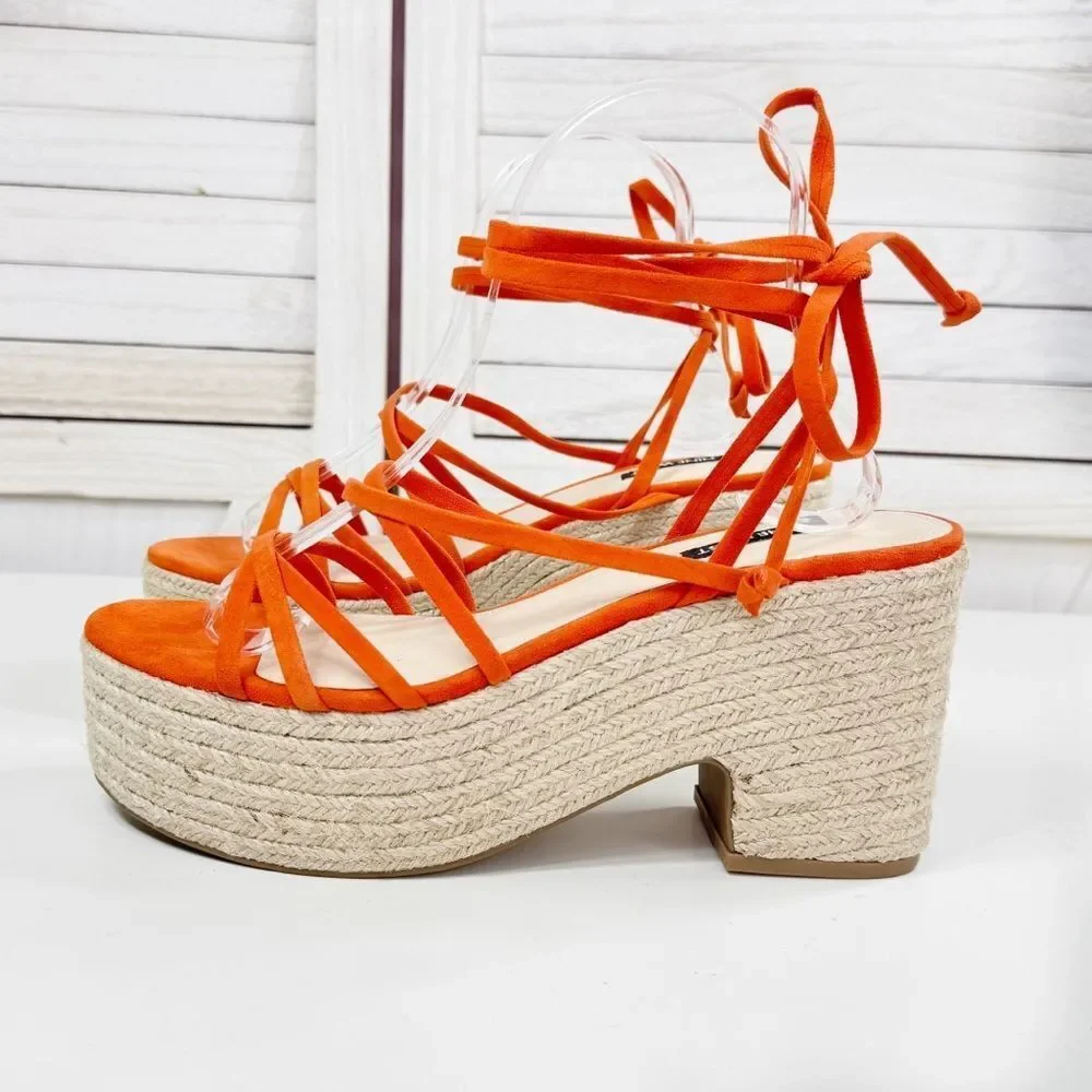 Nine West Riplee Platform Espadrille Ankle Wrap Strappy Sandals Orange‎ 8.5